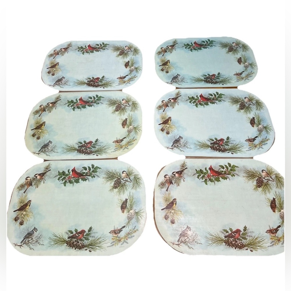 Vtg Place Mat Set 6 Reversible Birds Blue Jay Cardinal 1978 Giordano Winter Boho